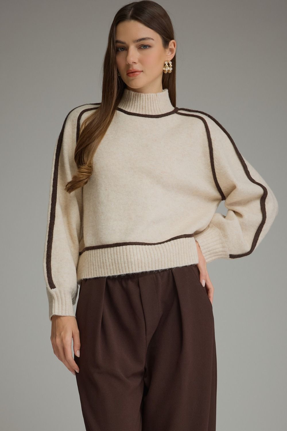 Contrast Trim Mock Neck Sweater Oatmeal