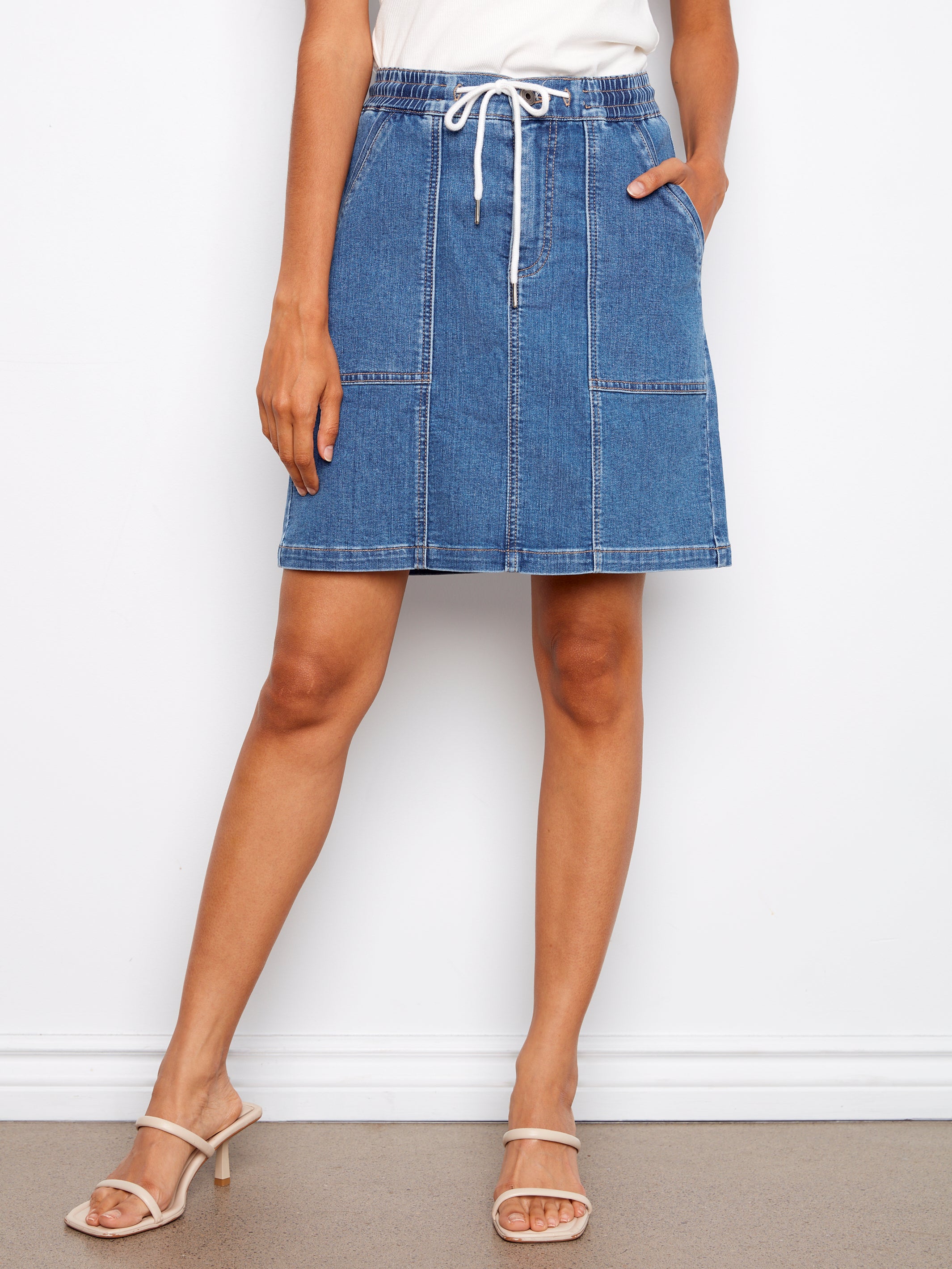 Patch Pocket Drawstring Twill Skort Soft Blue