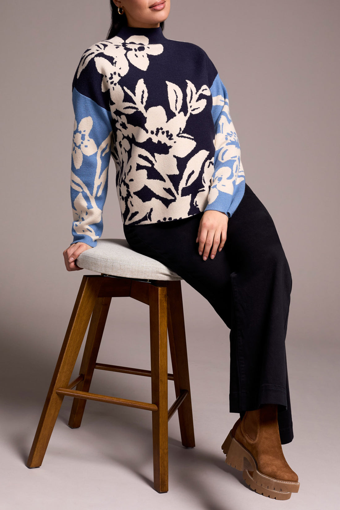 Funnel Neck Floral Print Sweater Sapphire