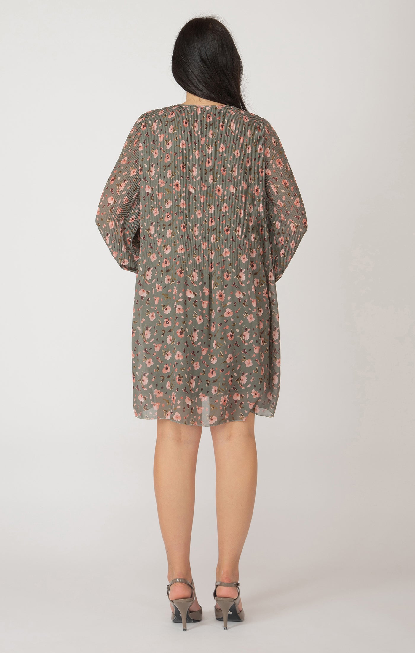 Pleated Long Sleeve Vneck Mini Dress Green Blush Floral