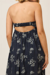 Floral Strapless Open Back Maxi Dress Dark Blue