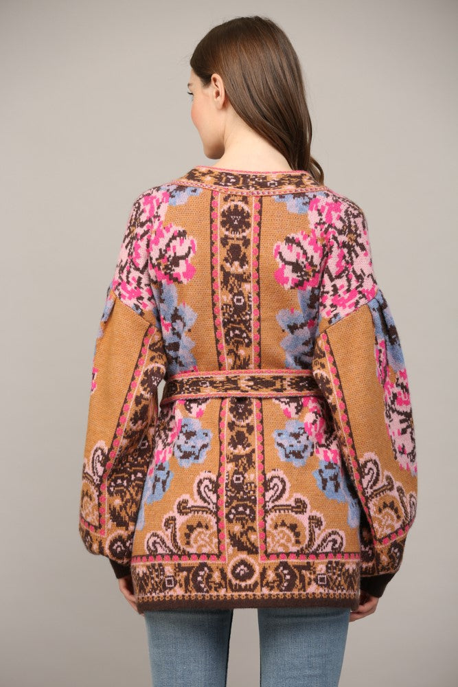 Tapestry Pattern Jacquard Waist Tie Cardi Camel Multi