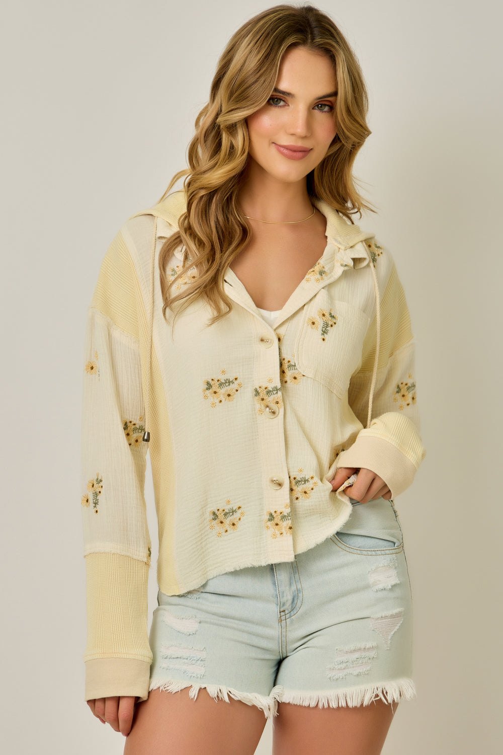 Washed Embroidered Removable Hoodie Jacket Oatmeal