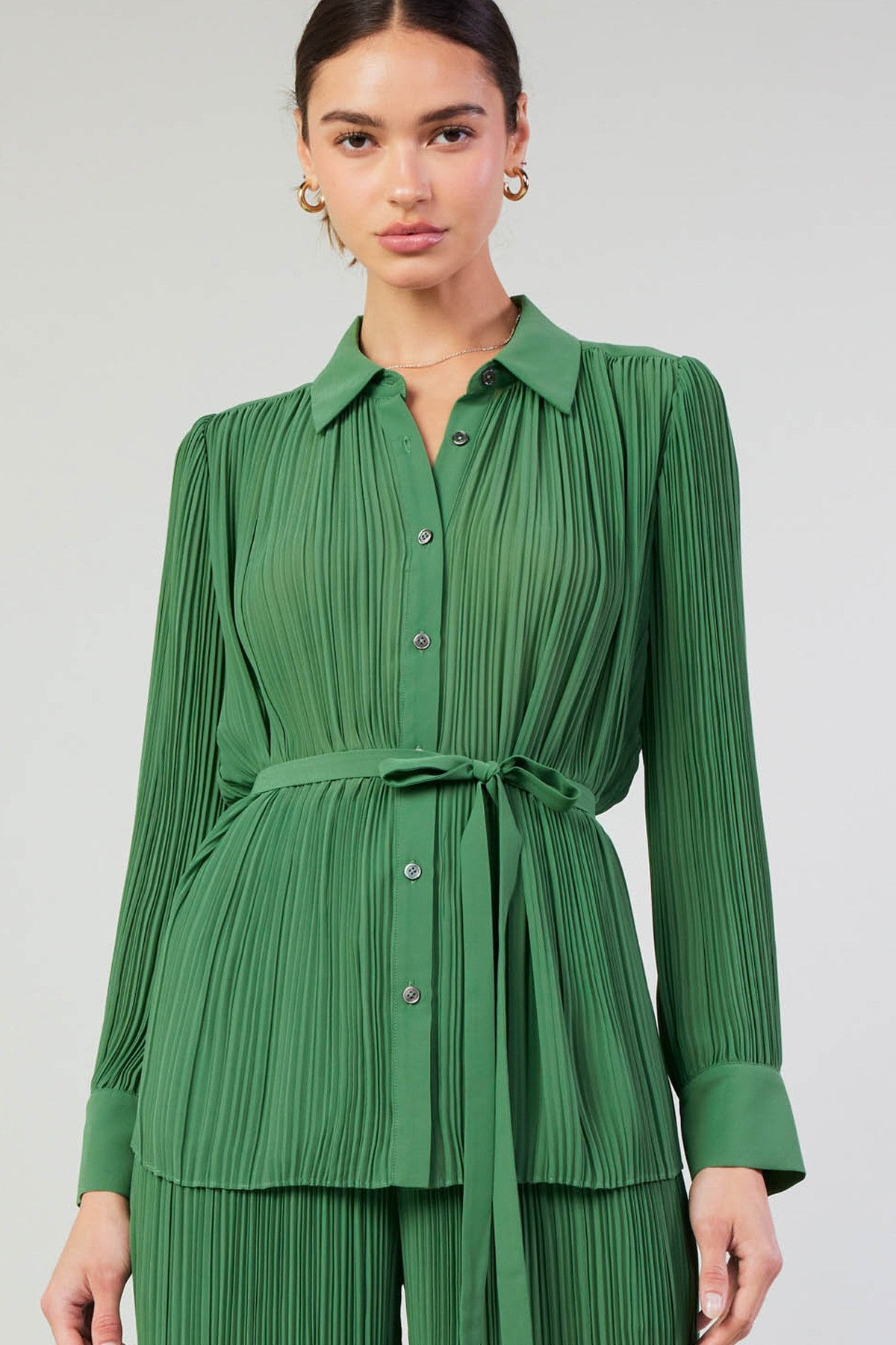 Pleated Button Down Tie Belt Shirt Leaf Green