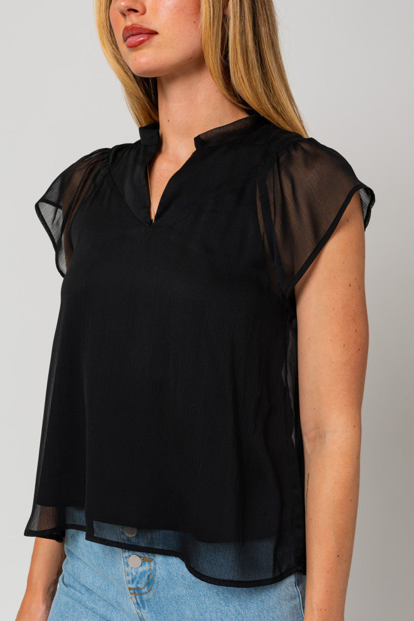 Short Flowy Sleeve Slit Neck Shirring Top Black