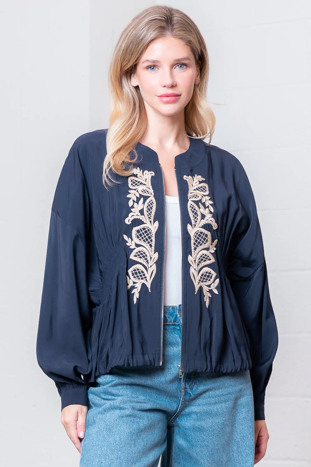 Embroidered Smock Detail Balloon Sleeve Jacket Navy