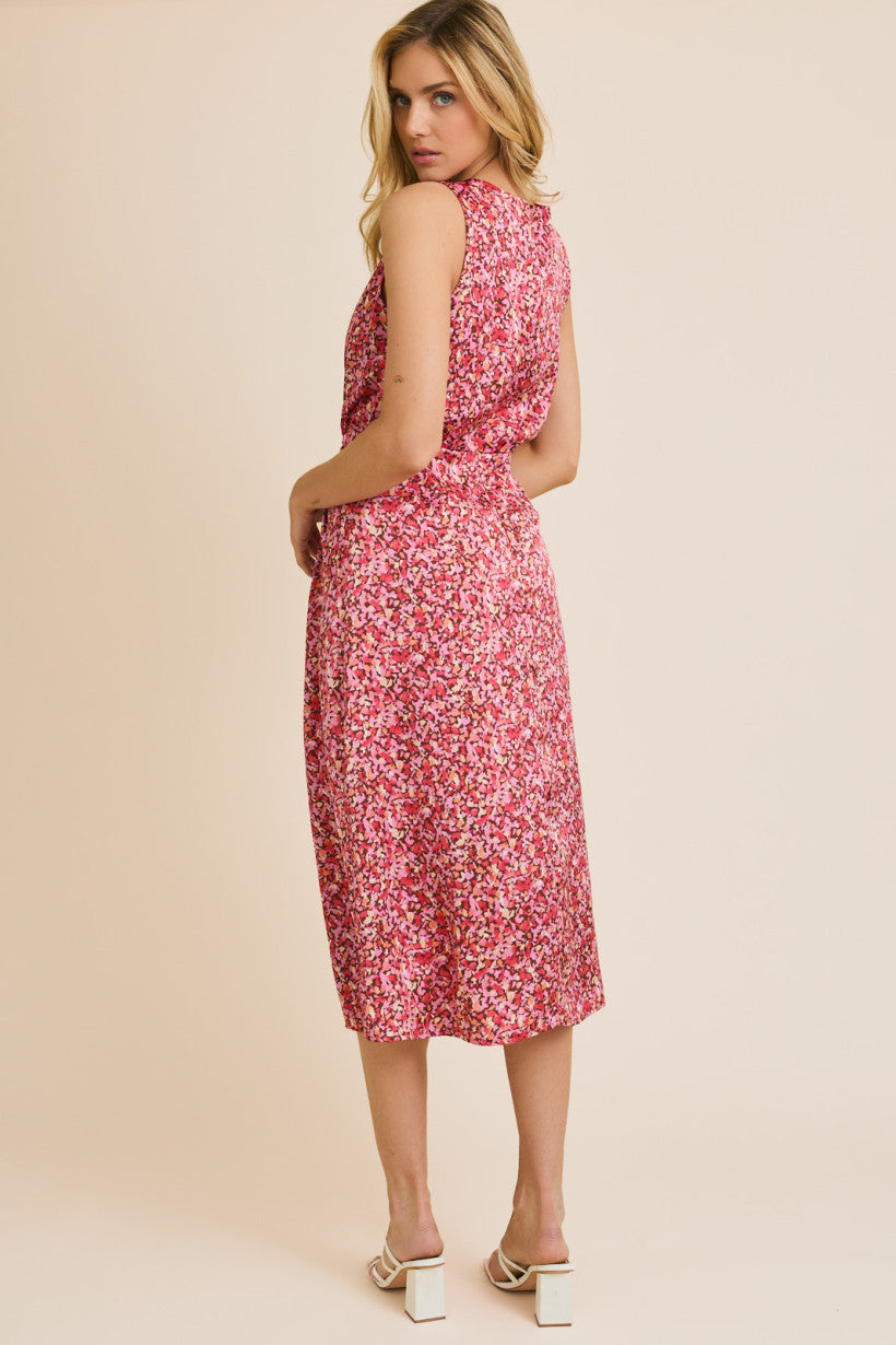 Sleeveless Shoulder Shirred Waist Abstract Print Midi Dress Brown Pink Floral