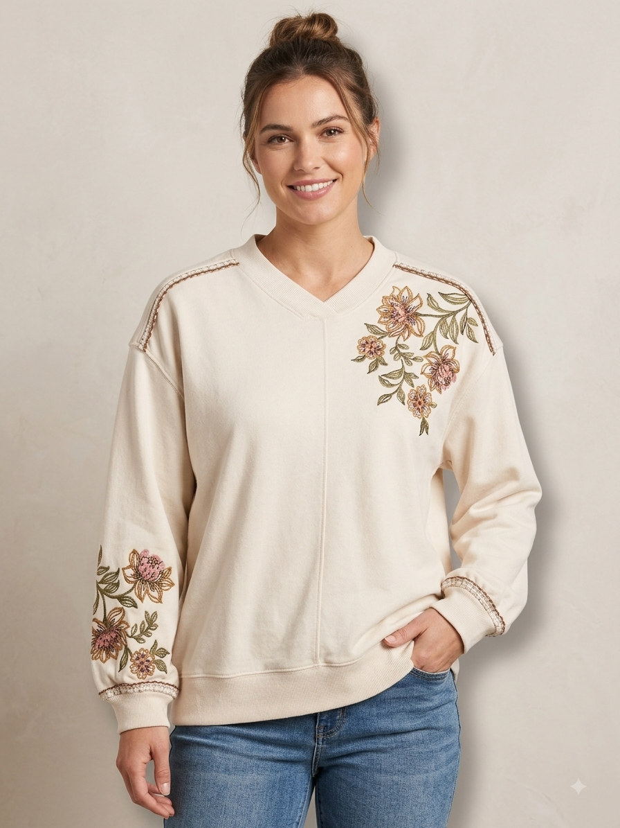 Long Blouson Sleeve Emroidered Sweatshirt Ecru Multi