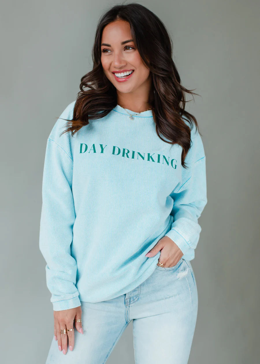 Day Drinking Oversized Ribbed Crew Neck Sweatshirt Sky Blue | Green