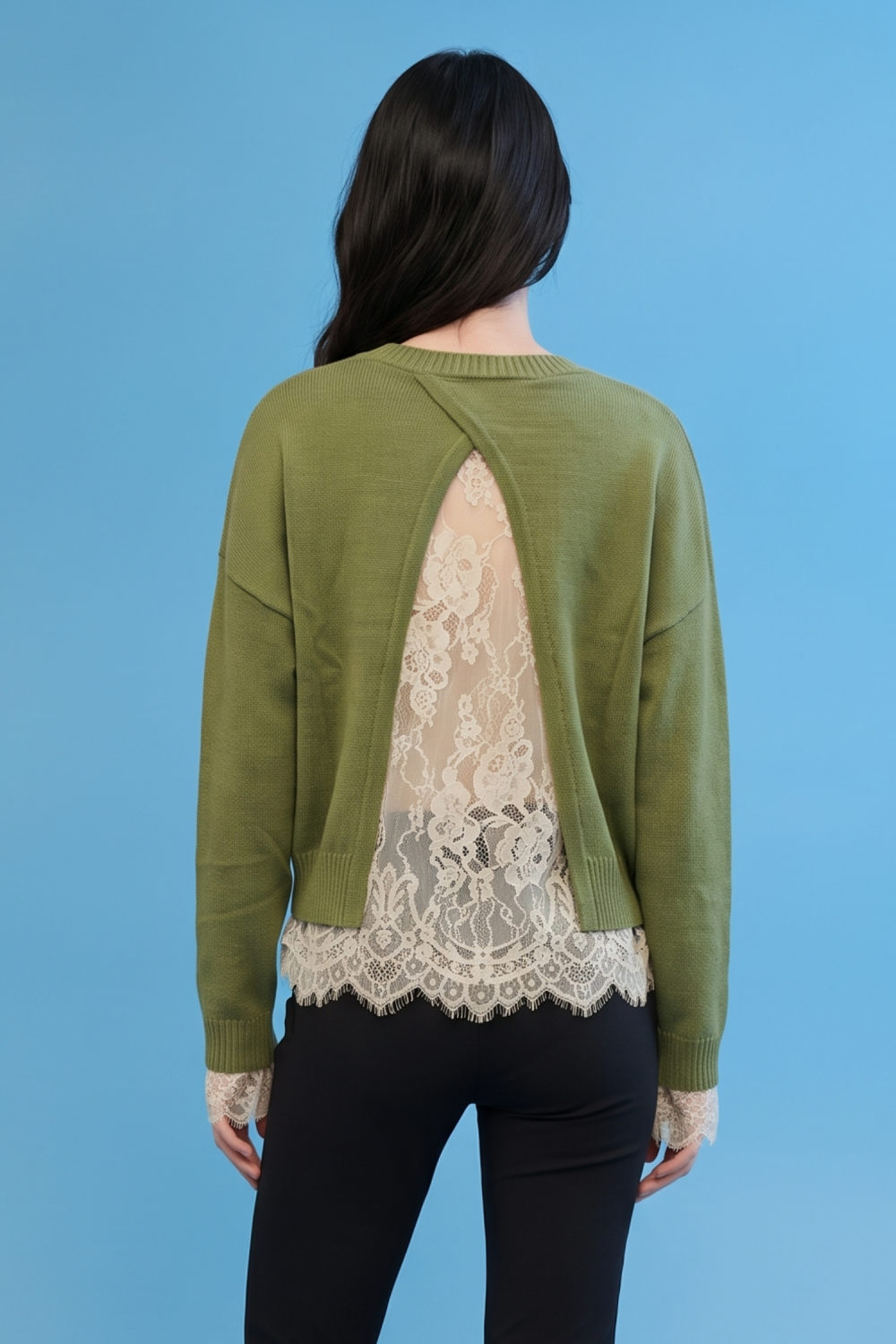 Lace Hem Detail Cropped Sweater Olive