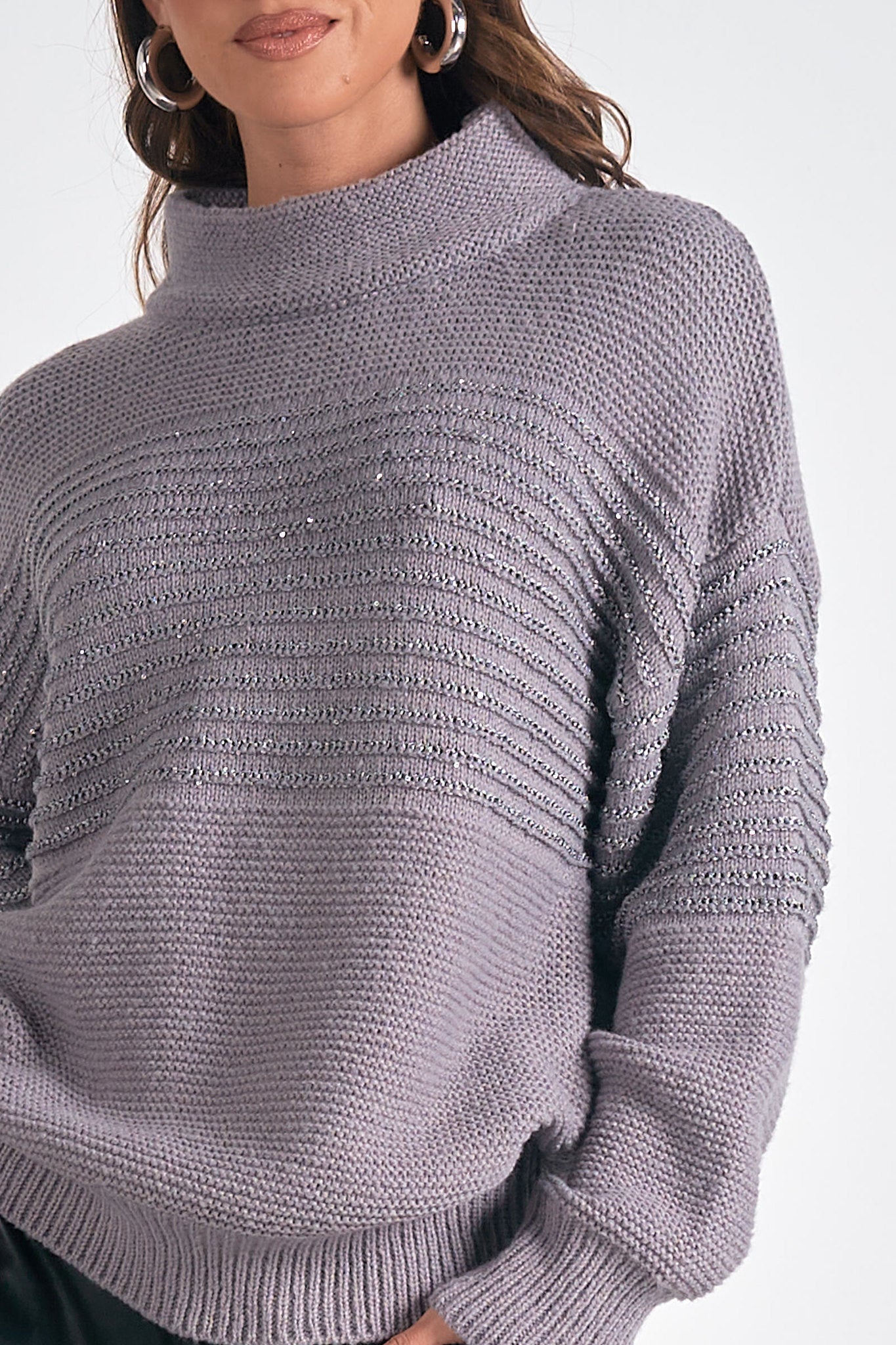 Textured Mock Neck Shimmer Sweater Dark Grey