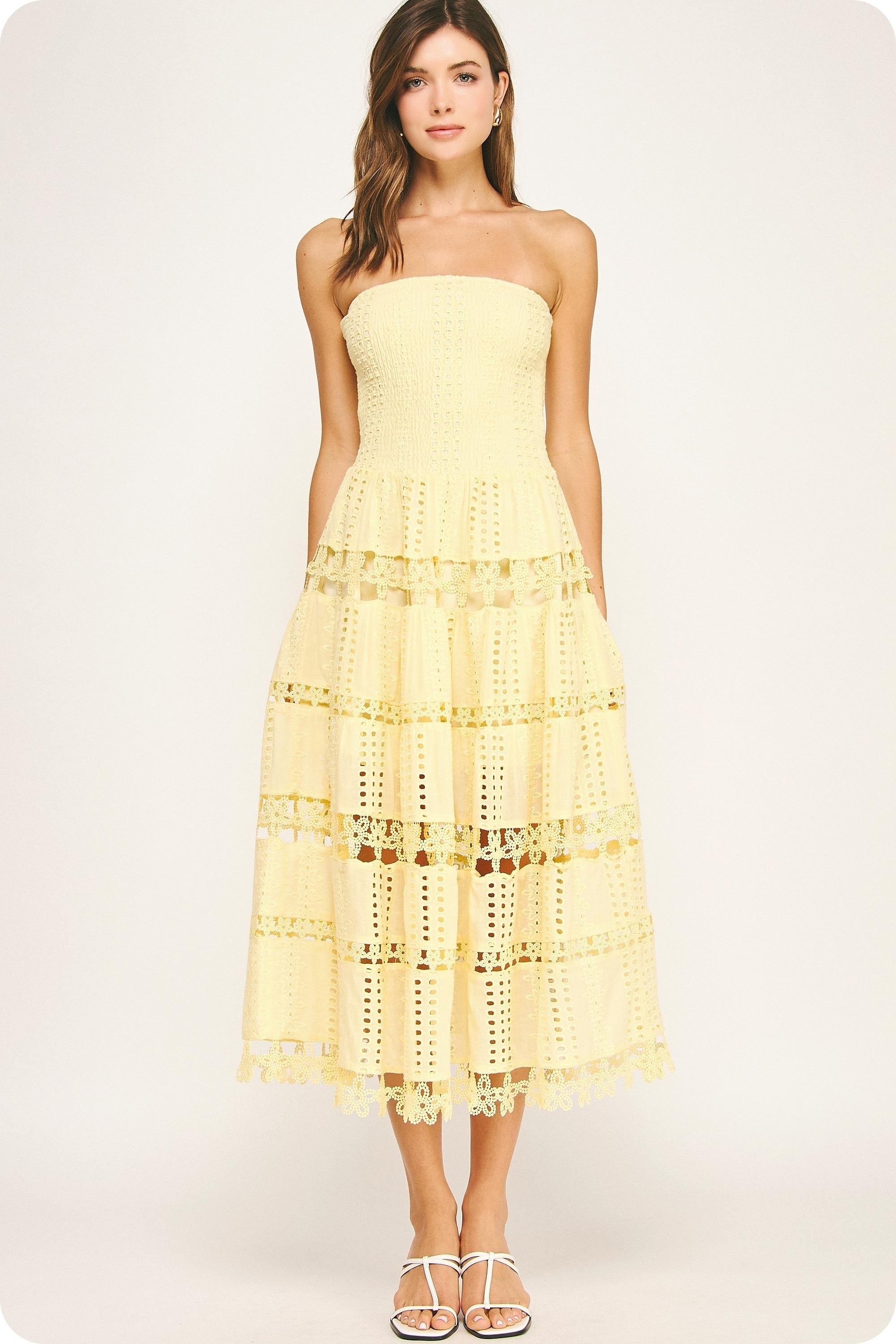 Eyelet Lace Tube Midi Dress Pastel Yellow