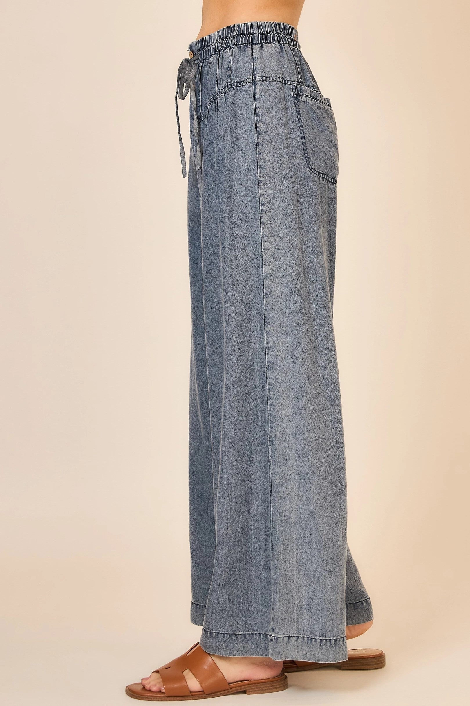 Corset Detail Waist Washed Denim Wide Leg Pants Dark Denim