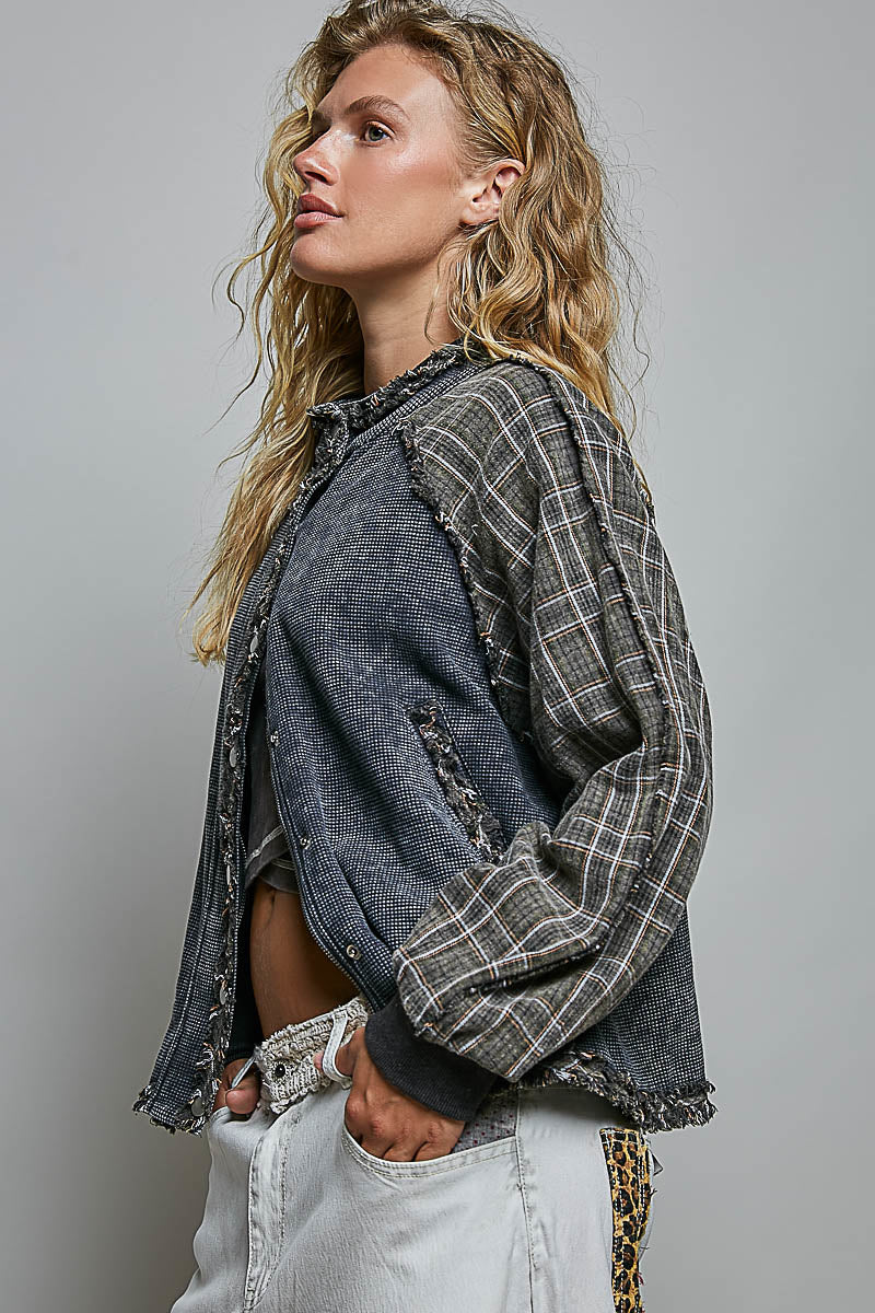 Thermal Plaid Sleeve Frayed Seams Jacket Charcoal