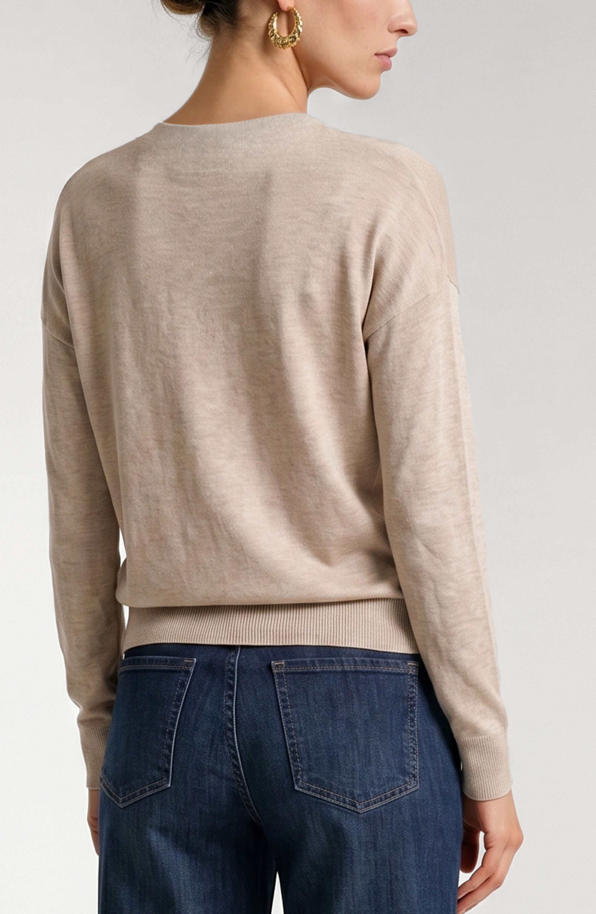 Long Sleeve Satin Drape Neck Woven Back Top Champagne Melange