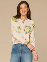 3/4 Sleeve Floral Printed Hidden Snap Cardi Pale Stone + Sunflower Multi