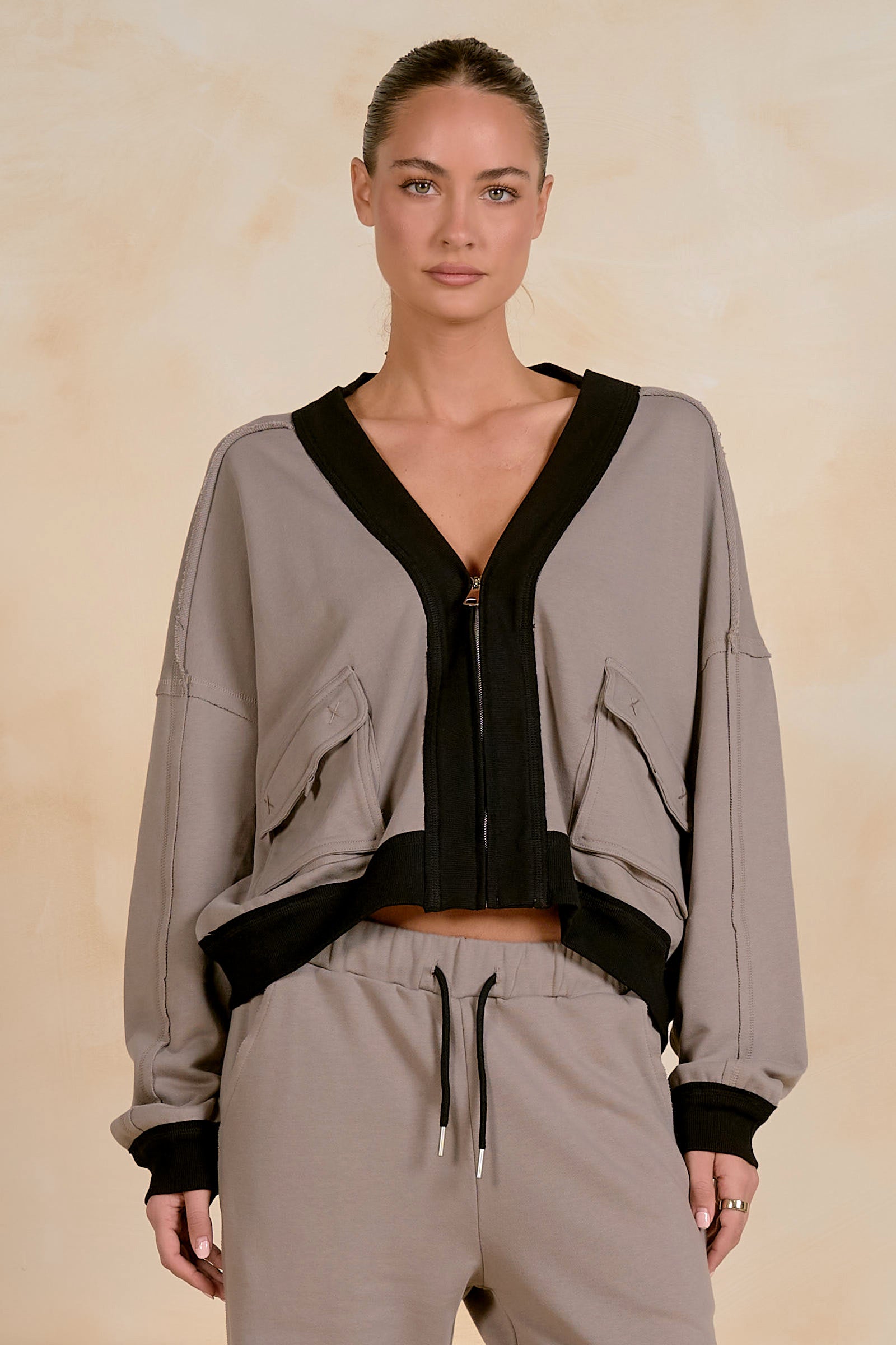 Contrast Detail Bomber Zip Up Sweatshirt Taupe + Black