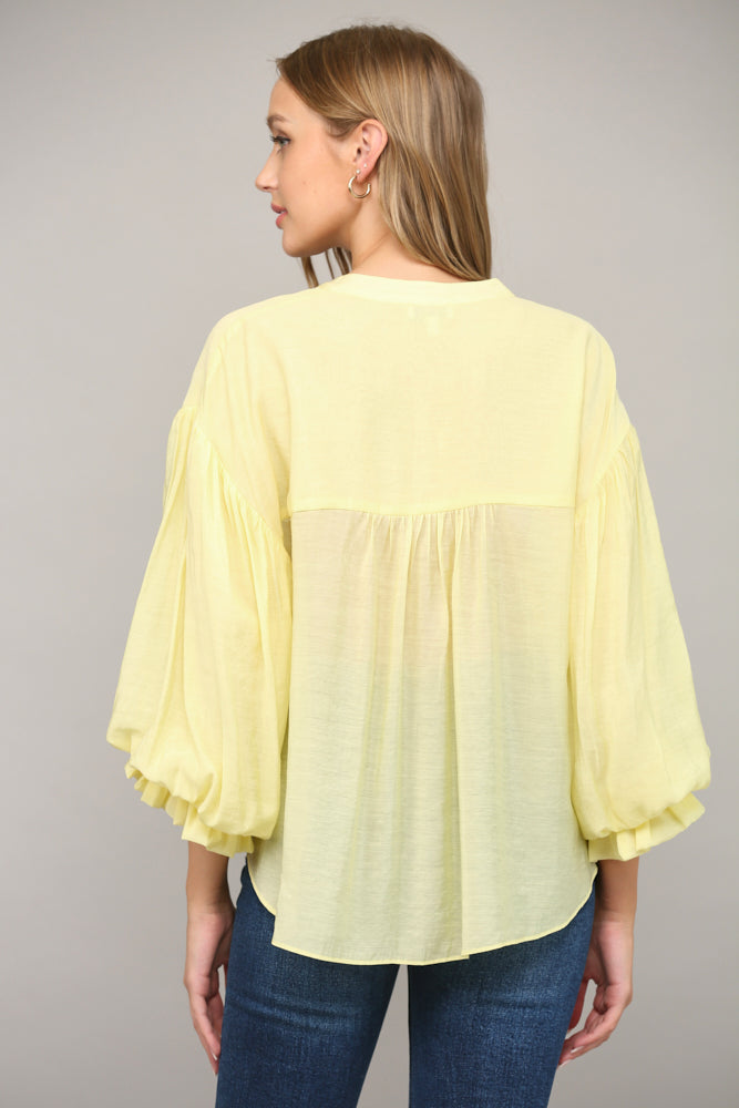 Puff 3/4 Frill Sleeve Button Down Shirt Yellow