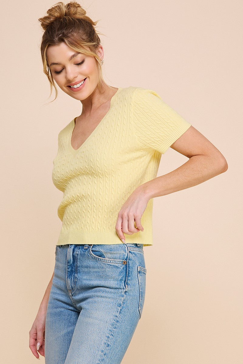 Cable Knit Short Sleeve Sweater Top Limoncello