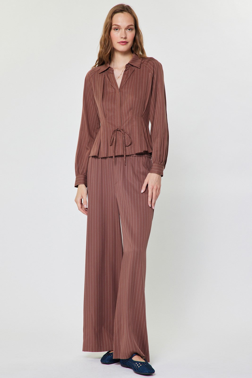 Striped Tie Front Long Sleeve Collared Shirt Mocha
