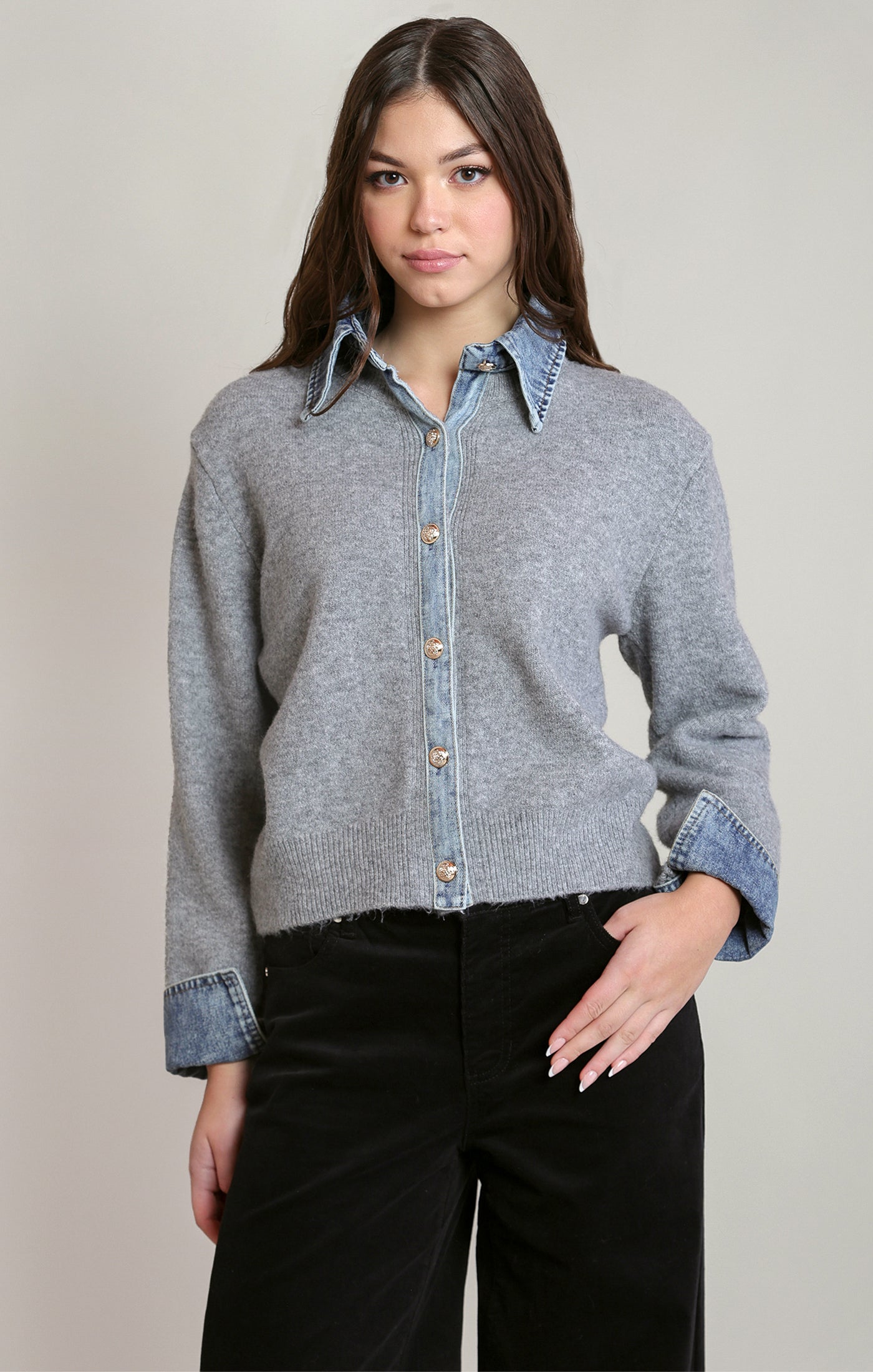 Denim Trim Sweater Shirt Light Grey + Denim