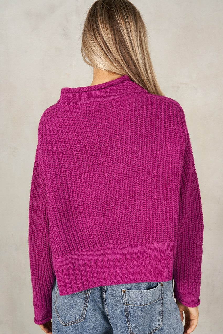 Semi Crop Rolled Mock Neck Sweater Magenta