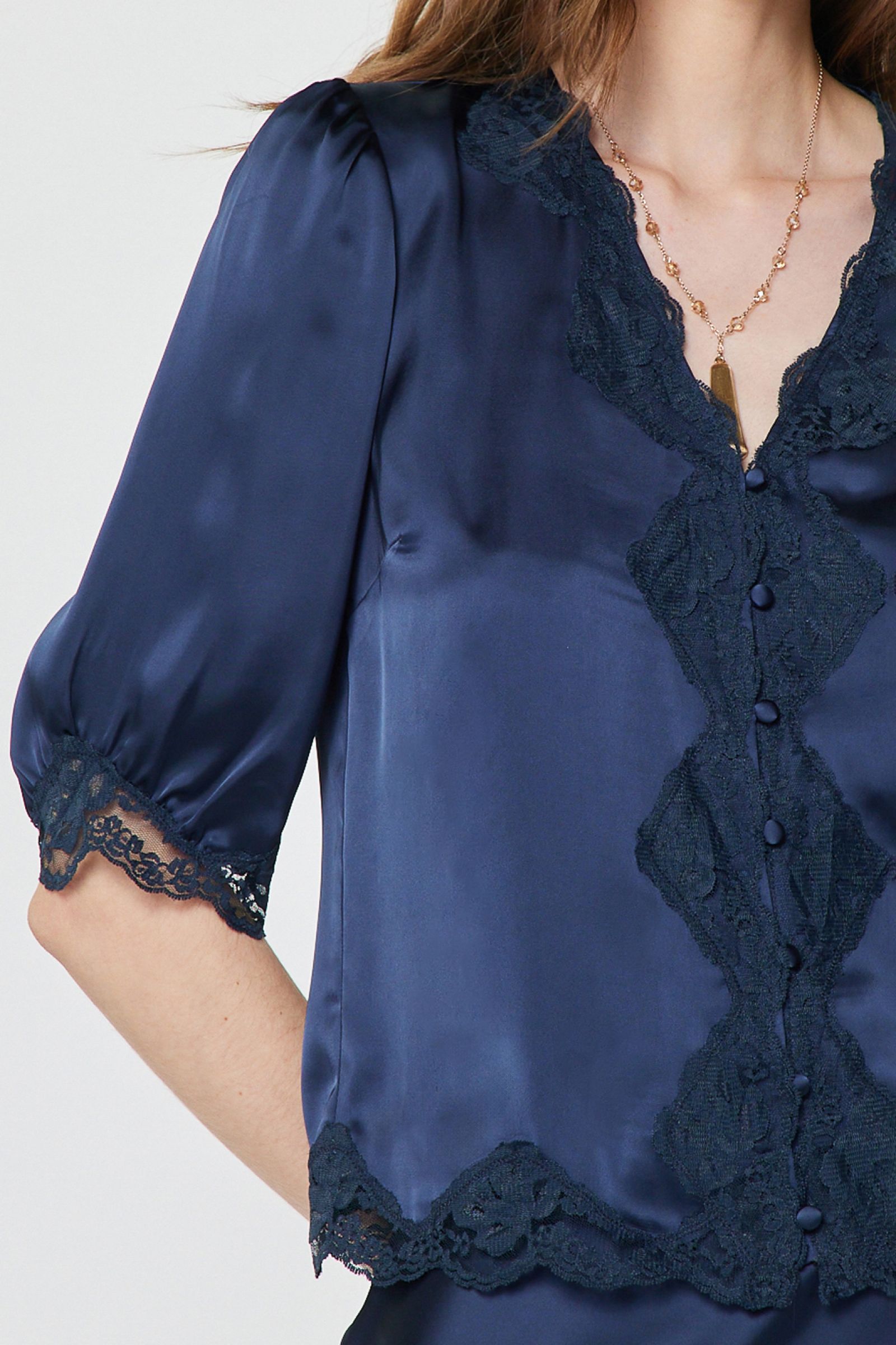 Scalloped Floral Lace Button Closure Blouse Navy