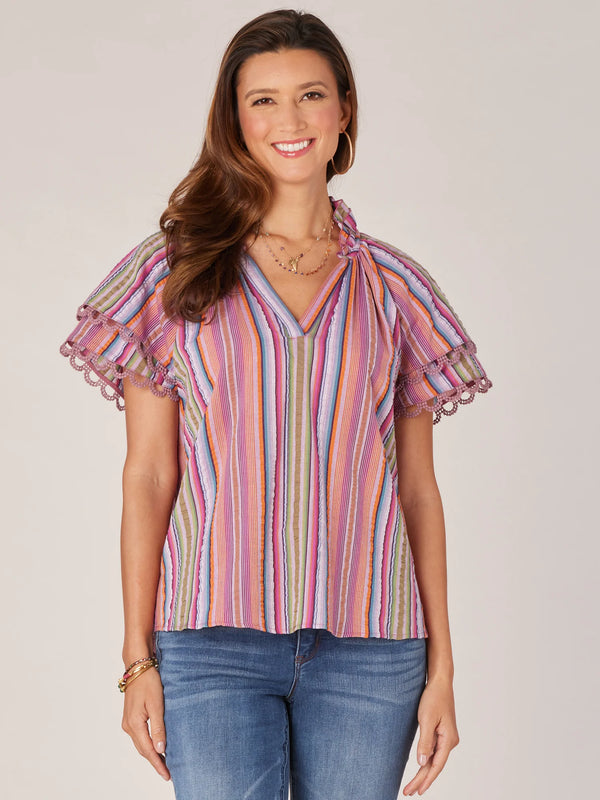 Double Flounce Sleeve Ruffle Neck Stripe Top Icy Violet Multi