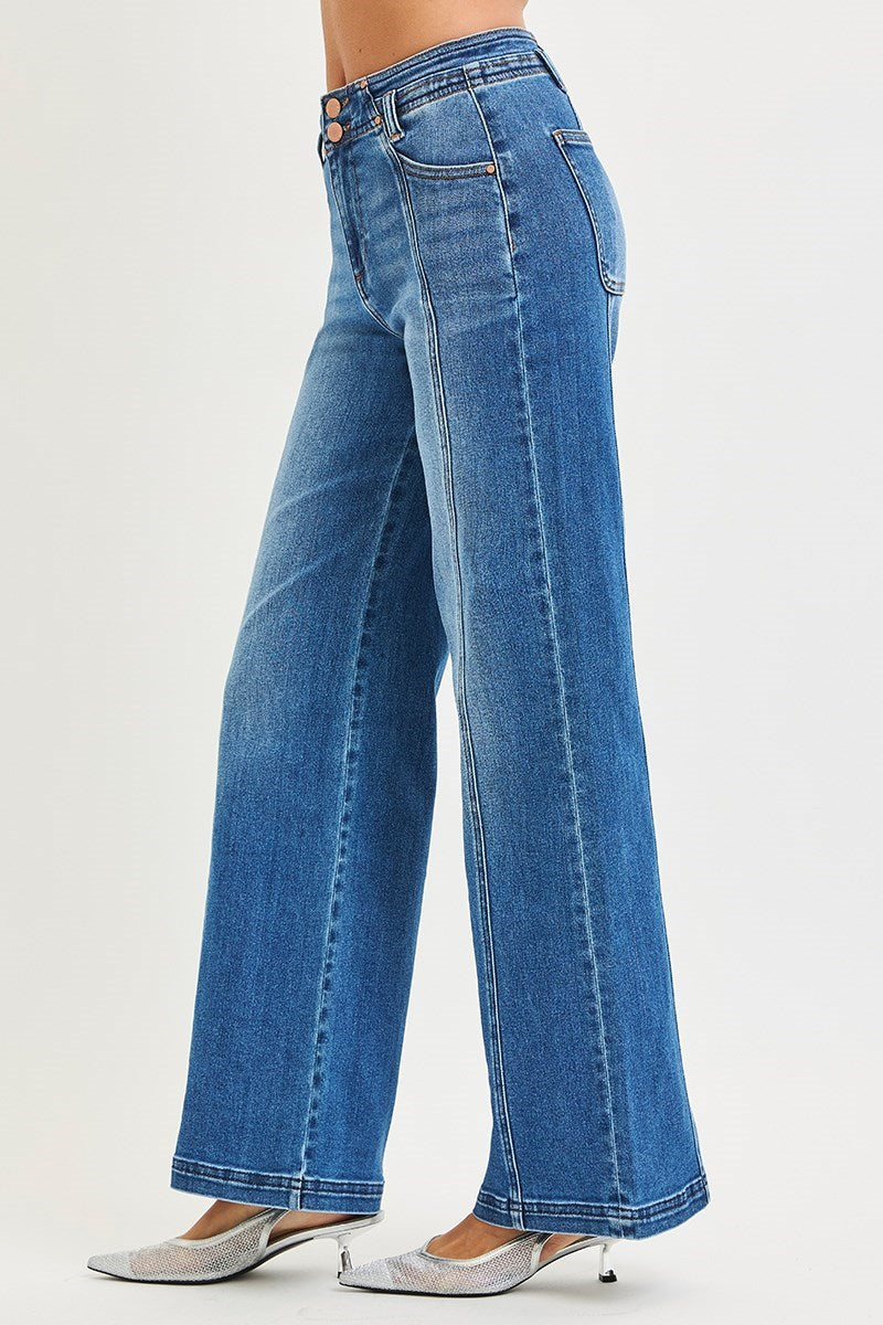 High Rise Wide Jeans Curved Seam Detail Dark