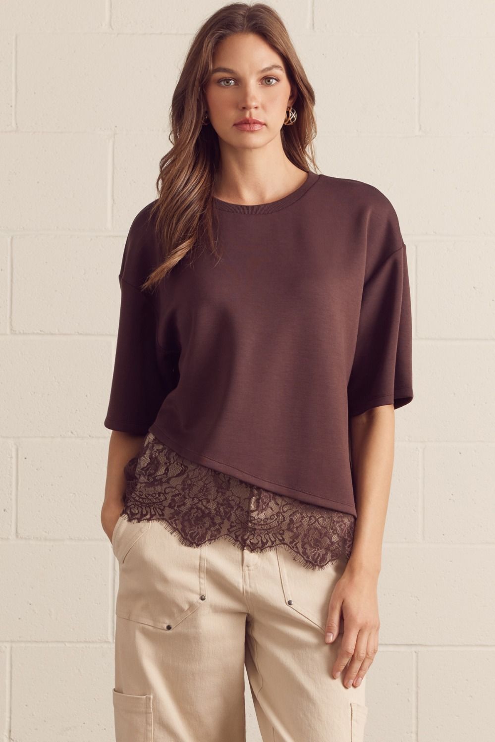Asymmetric Lace Hem Boxy Short Sleeve Top Brown