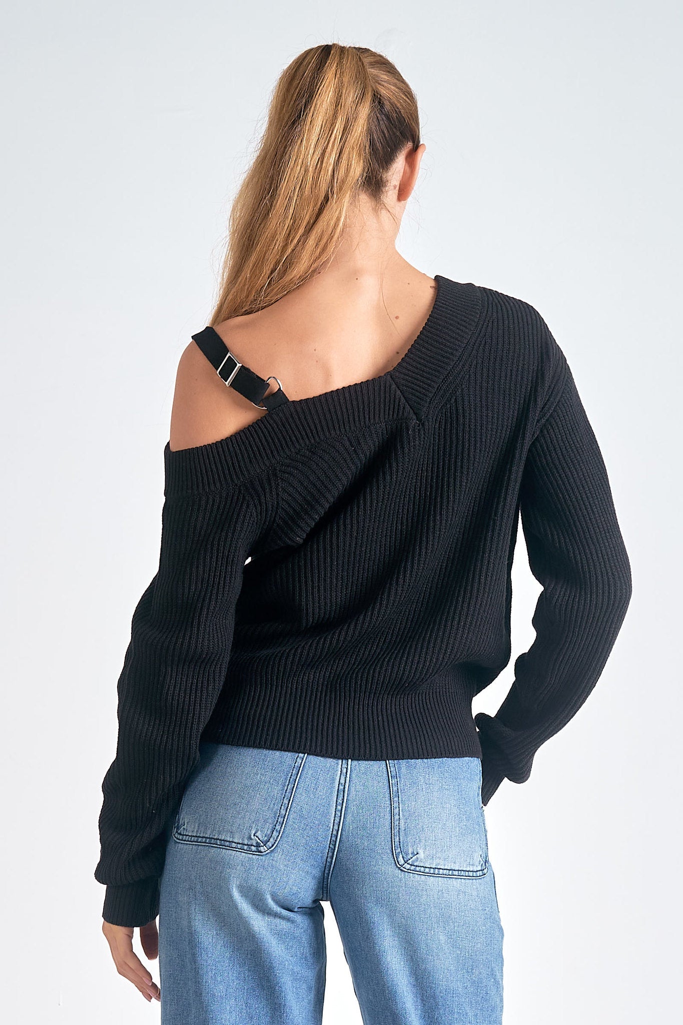 Off Shoulder Strappy Ribbed Sweater Black