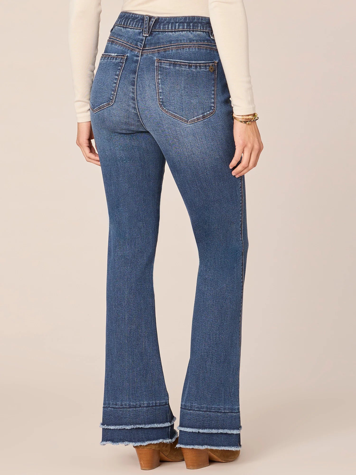 High Rise Bootcut Double Layer Fray Hem Jeans Blue