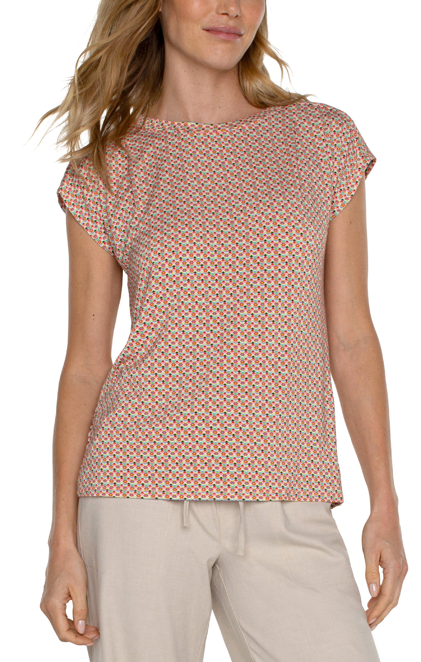 Shoulder Pleat Dolman Boat Neck Top Multi Geo