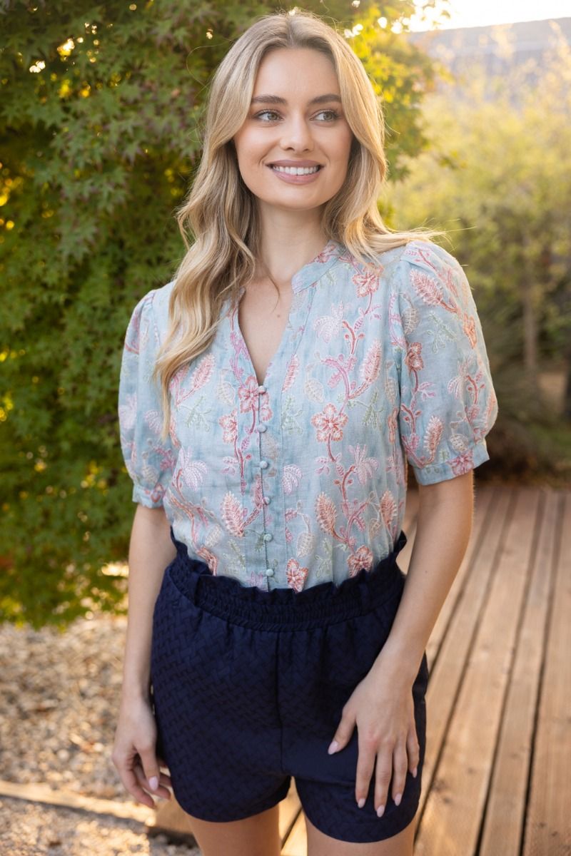 Embroidered Floral Print Detail Button Down Puff Sleeve Top Blue