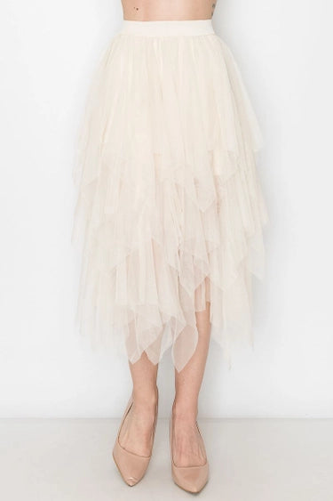 Layered Mesh Midi Skirt Beige