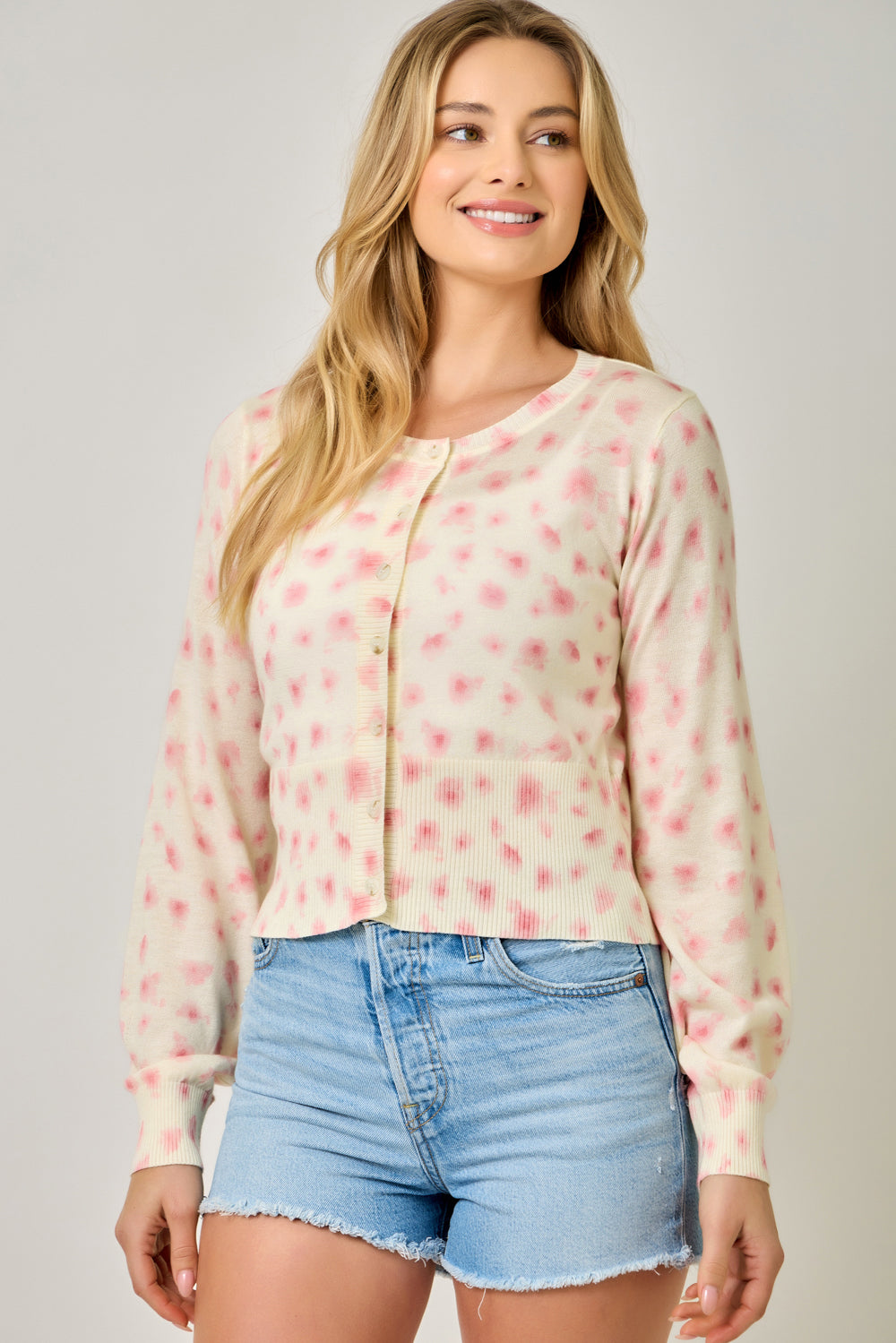 Blurred Floral Print Buttoned Cardigan Ivory Rose