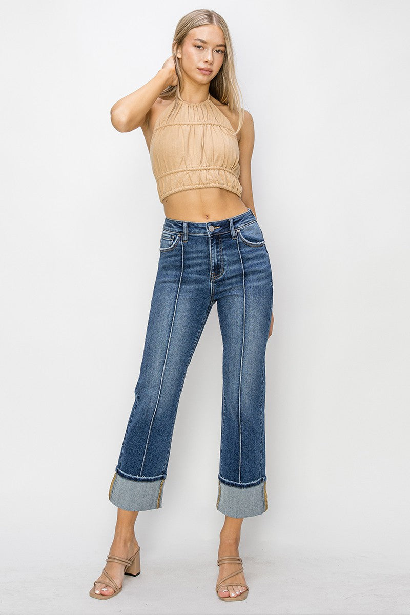 Front Seam High Rise Cuffed Straight Jeans Dark