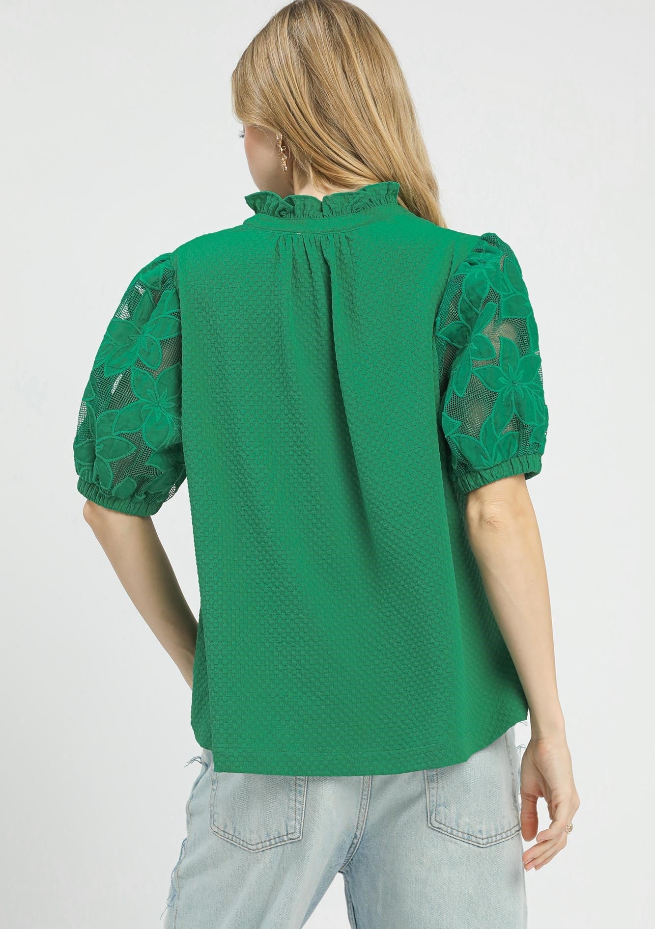 Textured Ruffle Neck Lace Puff Sleeve Kelly Green