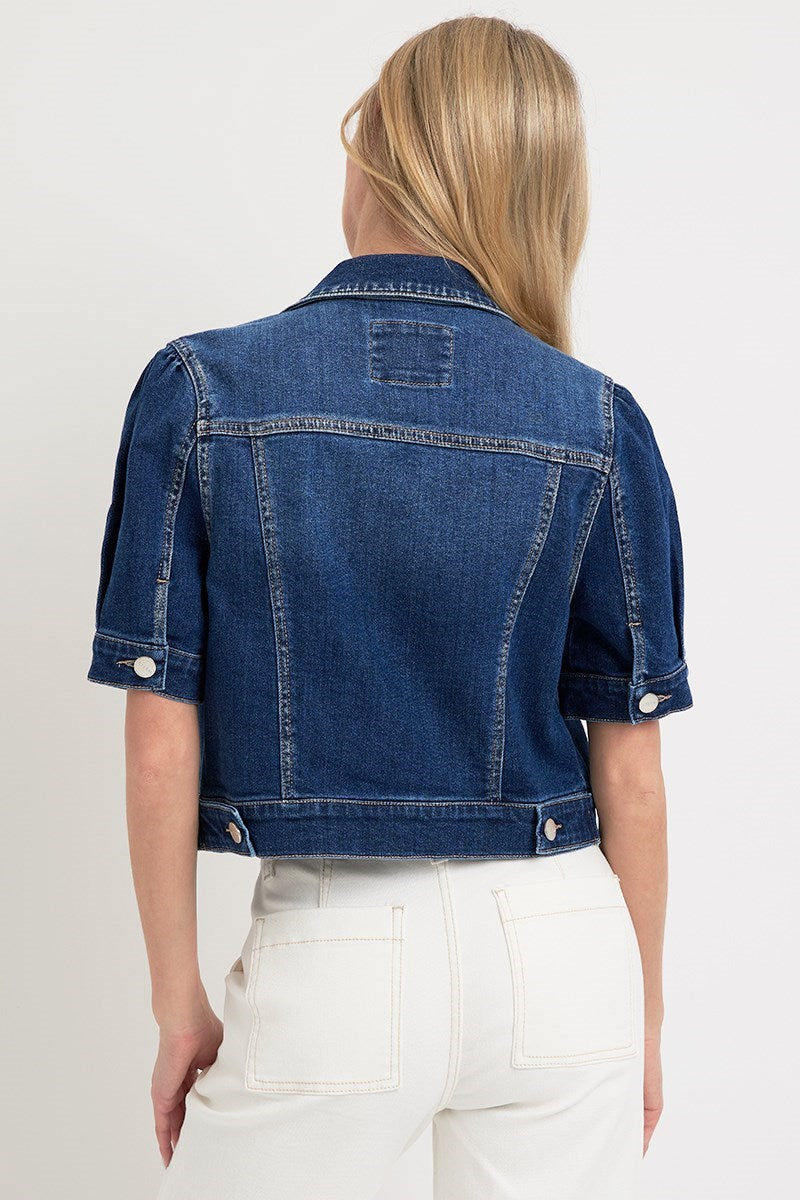 Puffed Short Sleeve Crop Denim Jacket Dark