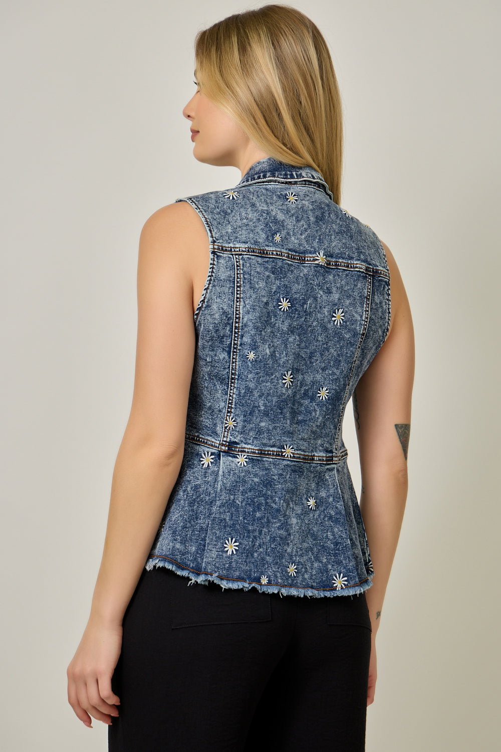Embroidered Peplum Denim Vest Denim Blue