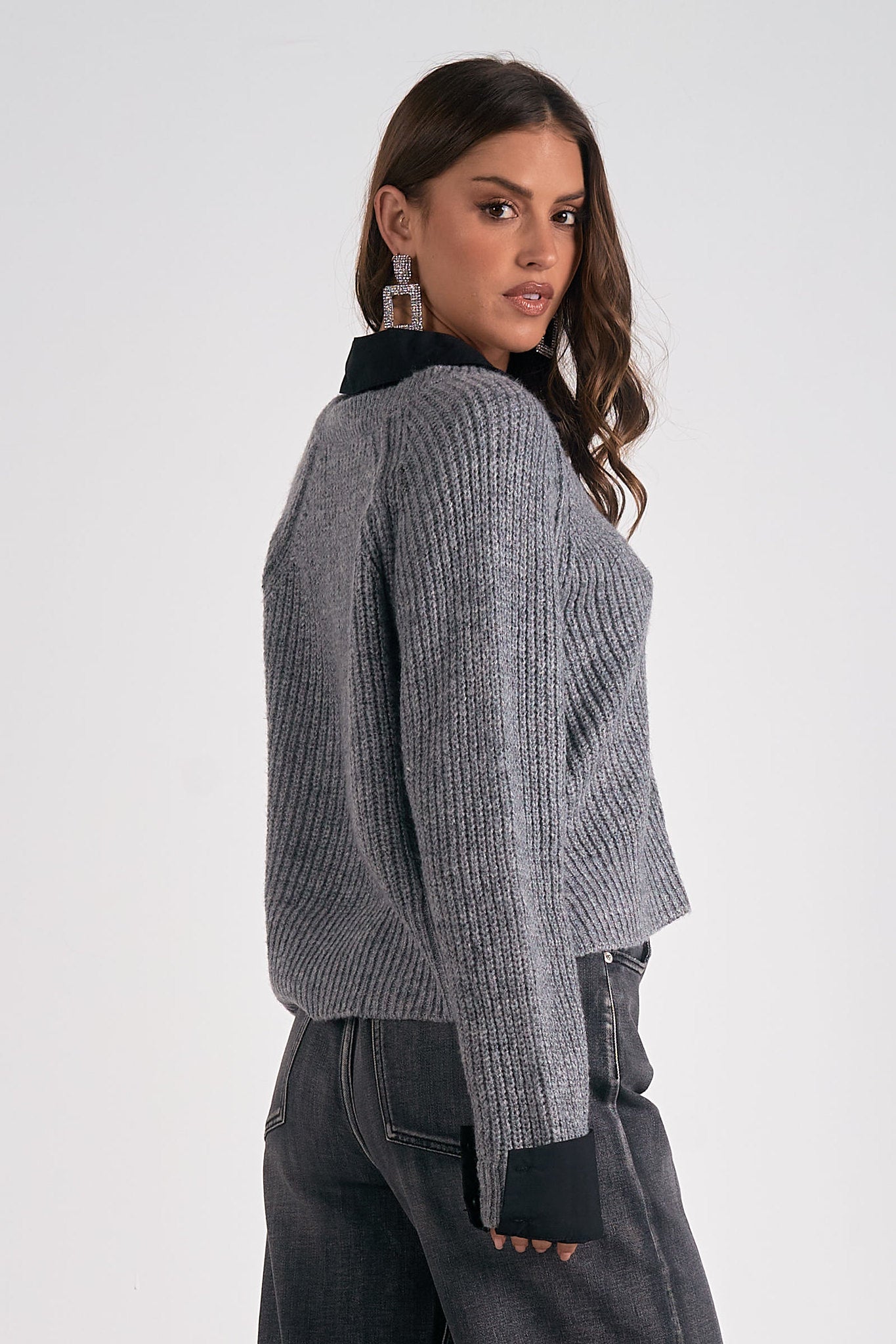 Cropped Sweater Two Fer Collar Top Grey + Black