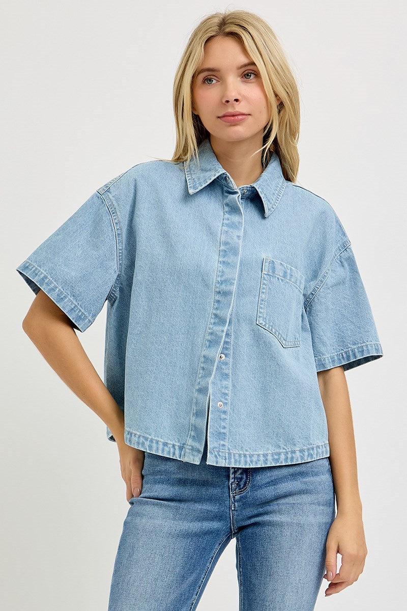 Oversize Half Sleeve Crop Denim Shirt Light