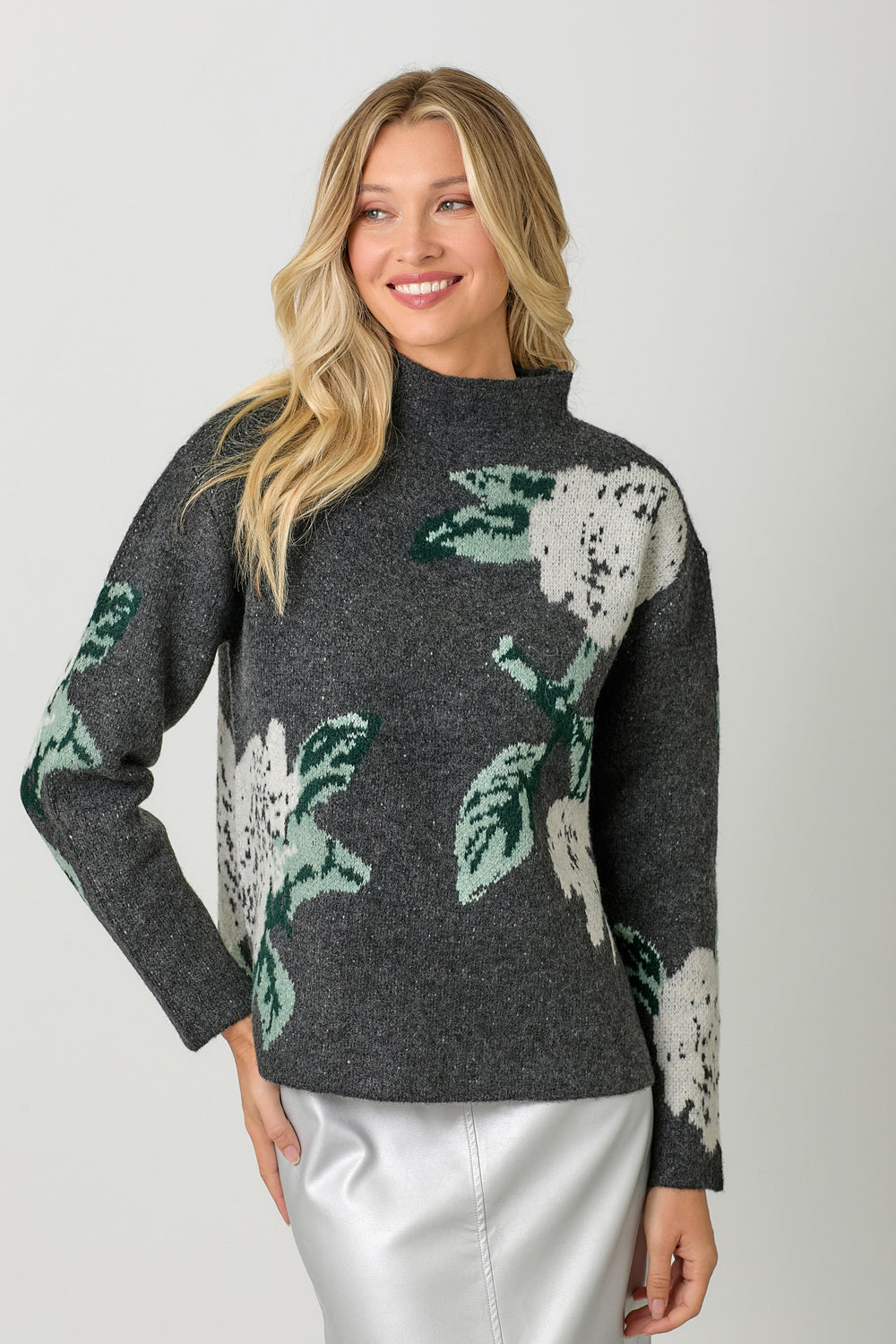Oversize Floral Print Funnel Neck Sweater Charcoal