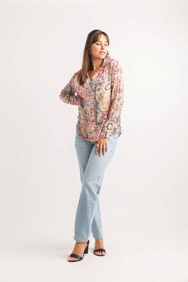Patch Print Button Front Blouse Pink