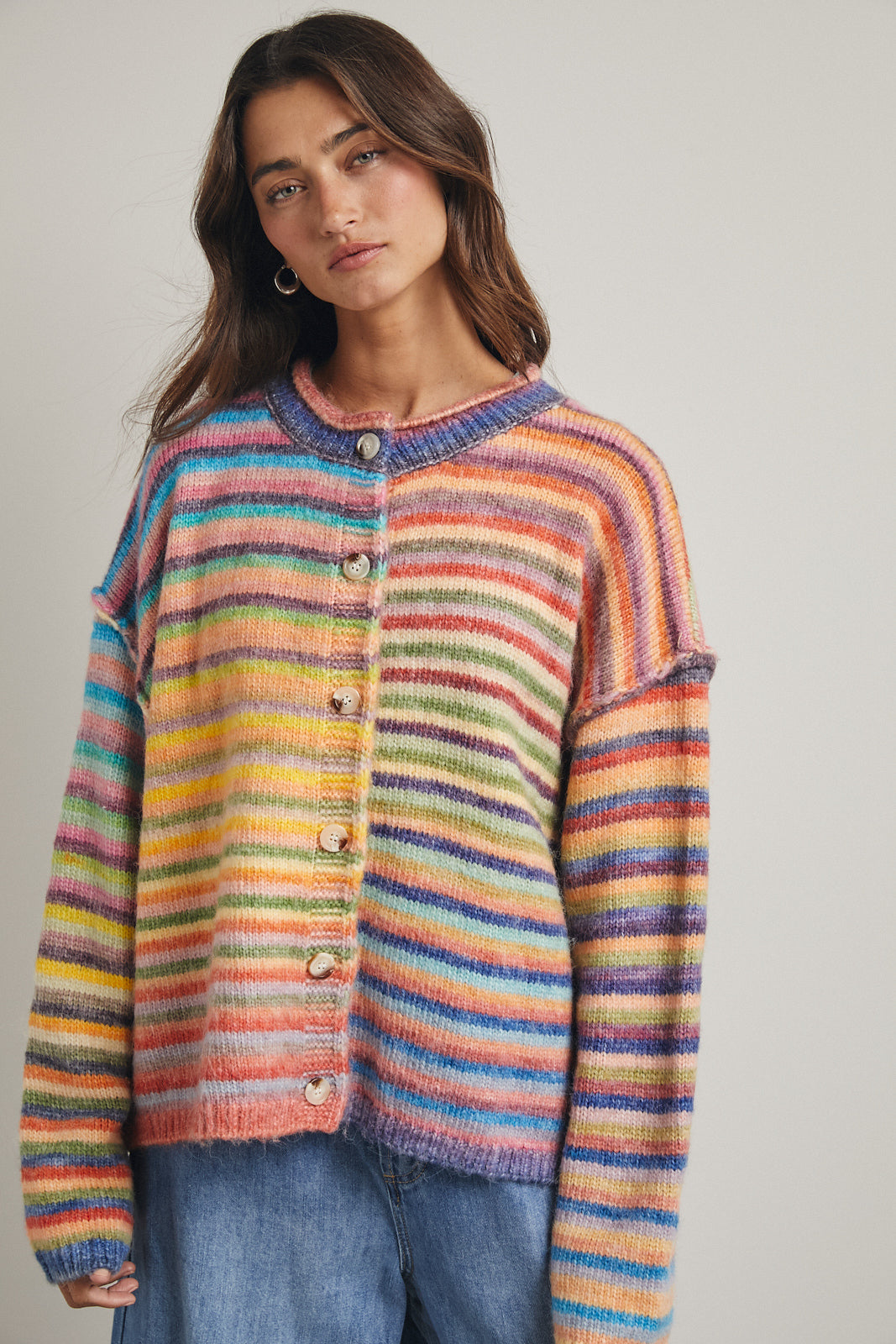 Rainbow Button Up Knit Sweater Cardi Sky + Purple