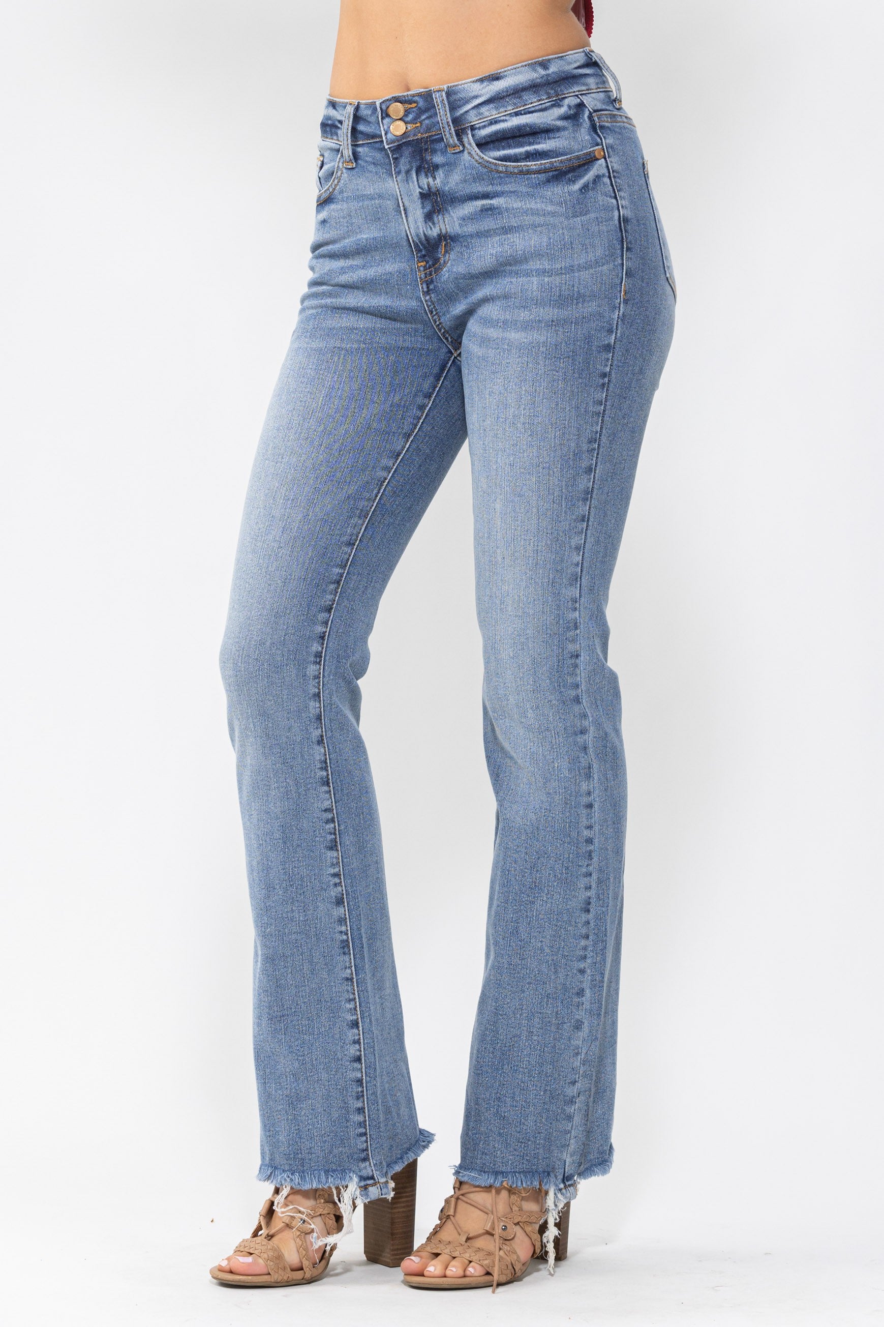 High Waist Double Button Fray Hem Bootcut Jeans Medium