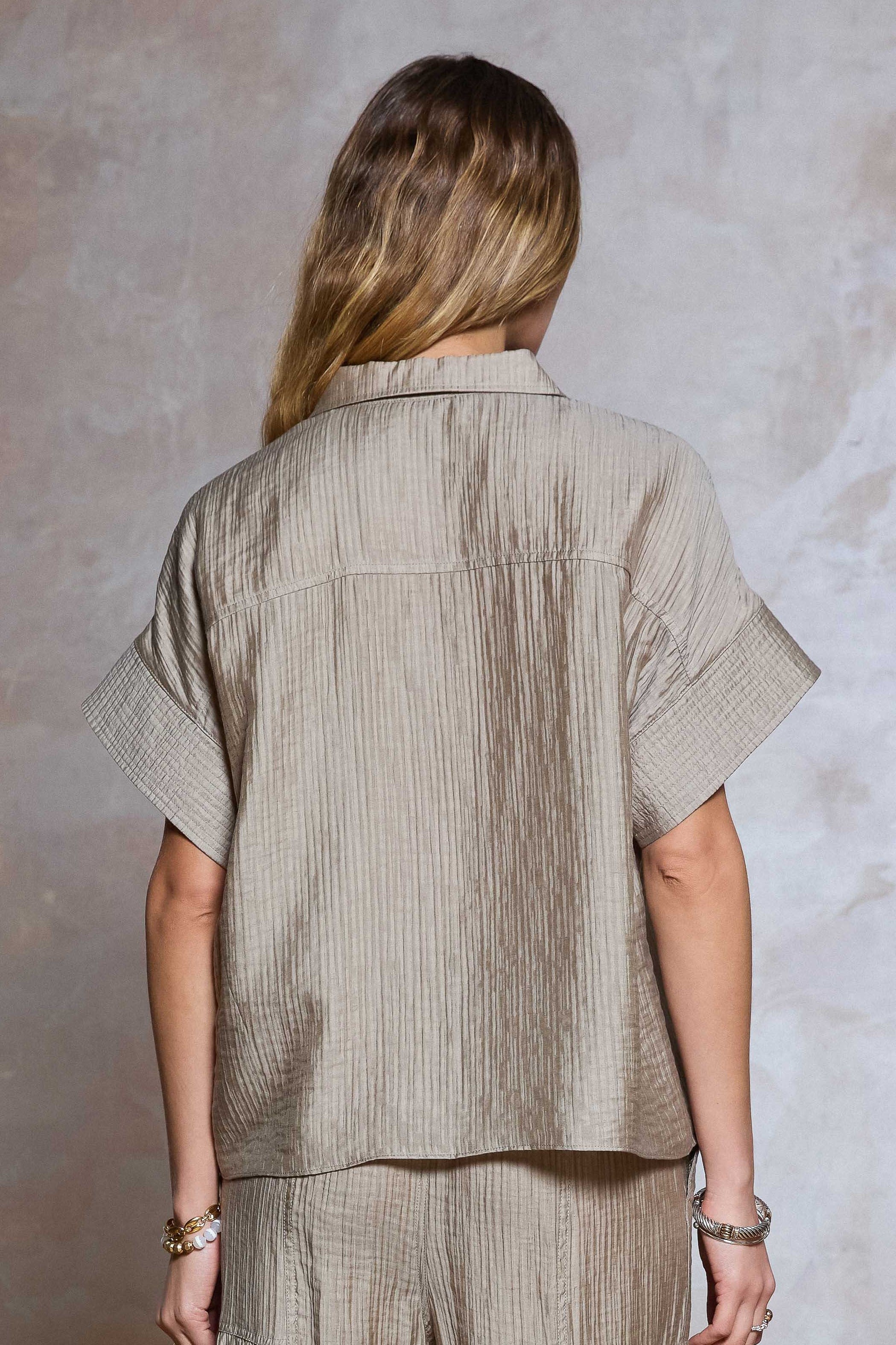 Crinkled Oversized Short Sleeve Blouse Dusty Sand