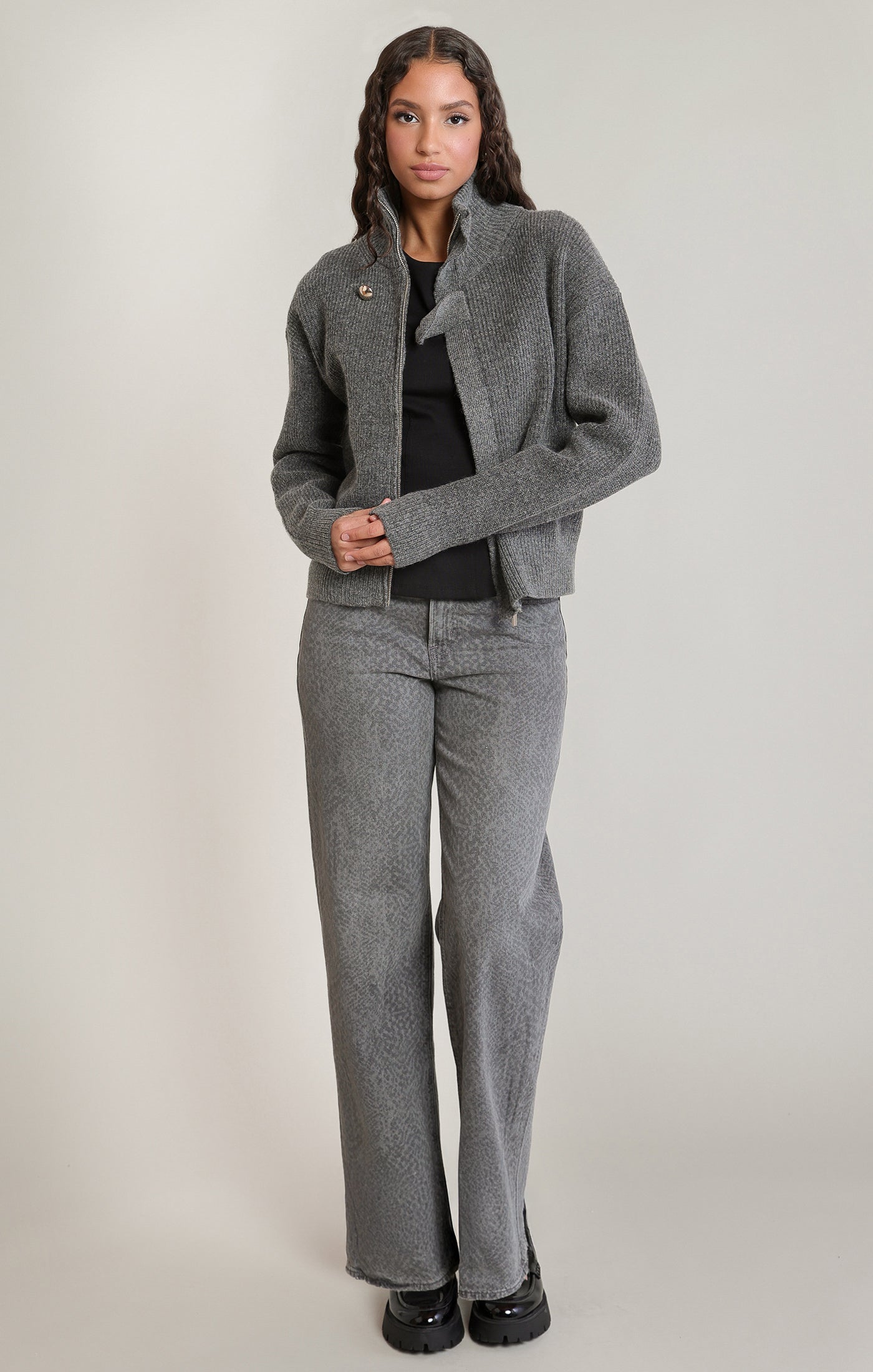 Zip Up Bomber Sweater Dark Grey Melange
