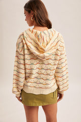 Multi Color Mix Pointelle Stitch Sweater Hoodie Ecru Multi