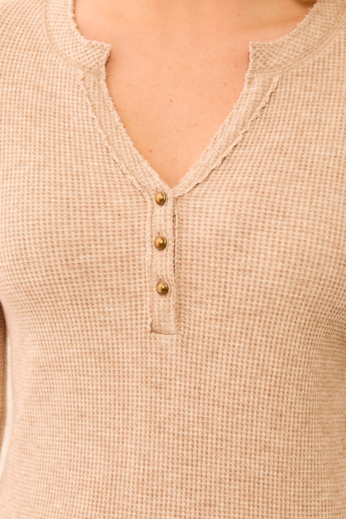 Button Detail Henley Long Sleeve Top Oatmeal